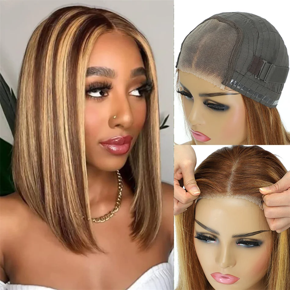 

Highlight Glueless Wigs Ready To Wear Short Straight Bob Wig Transparent 4x4 Lace Closure Wig For Women Original Indian Hair Wig