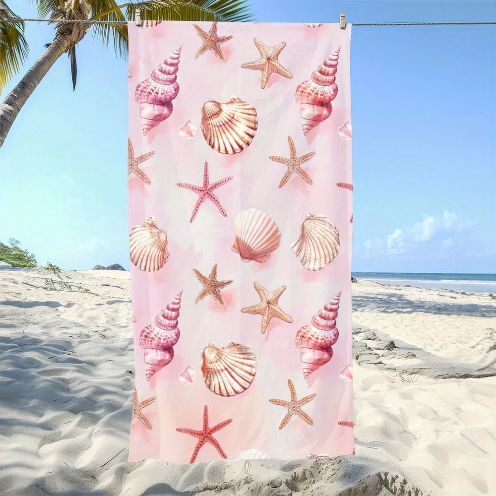 Pink Seashells Starfish Microfiber Beach Towel, Quick Dry Large Summer Accessory
