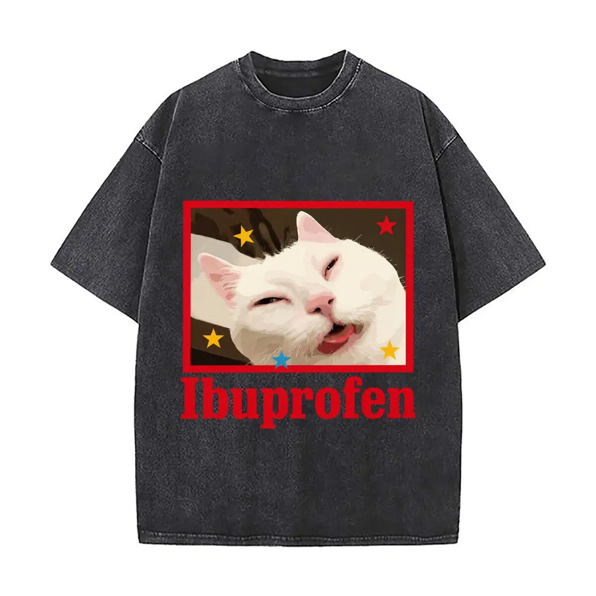 Funny Ibuprofen Cat Meme Red Border Colorful Stars 2026 Washed Vintage Short Sleeve Loose Streetwear Tee