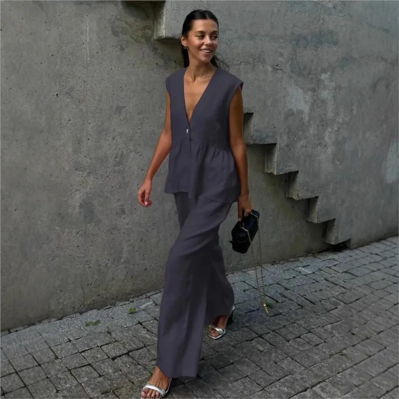 Trajes de pantalón a la moda para mujer, Top sin mangas con cuello en V, conjuntos de pantalones rectos informales para mujer, traje de verano para mujer, conjunto de 2 piezas para ir al trabajo