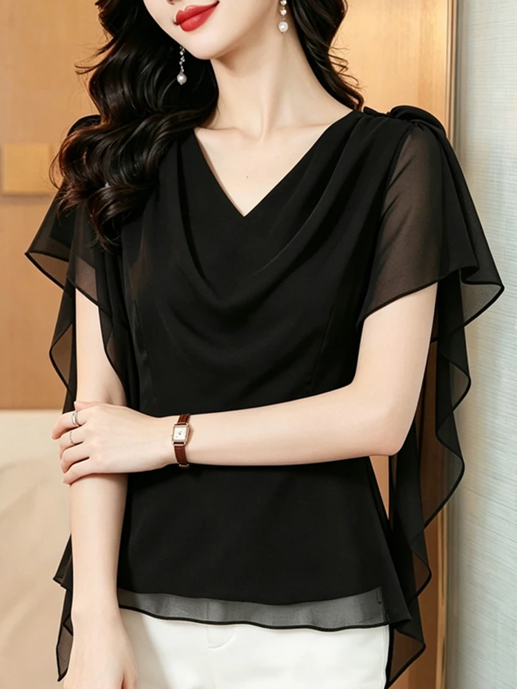 Black V-Neck Chiffon Shirt Women's Short Sleeve 2026 Summer New Style Ageless High-End Versatile Casual Top Korean Style