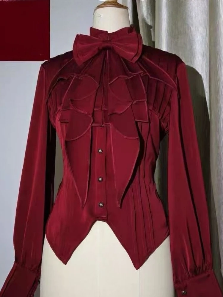 

Новая женская готическая блузка в стиле 2000-х годов, винтажный топ с рюшами и бантом, высокий воротник, длинный рукав, элегантная рубашка цвета бургунди, в стиле панк-субкультуры Харадзюку