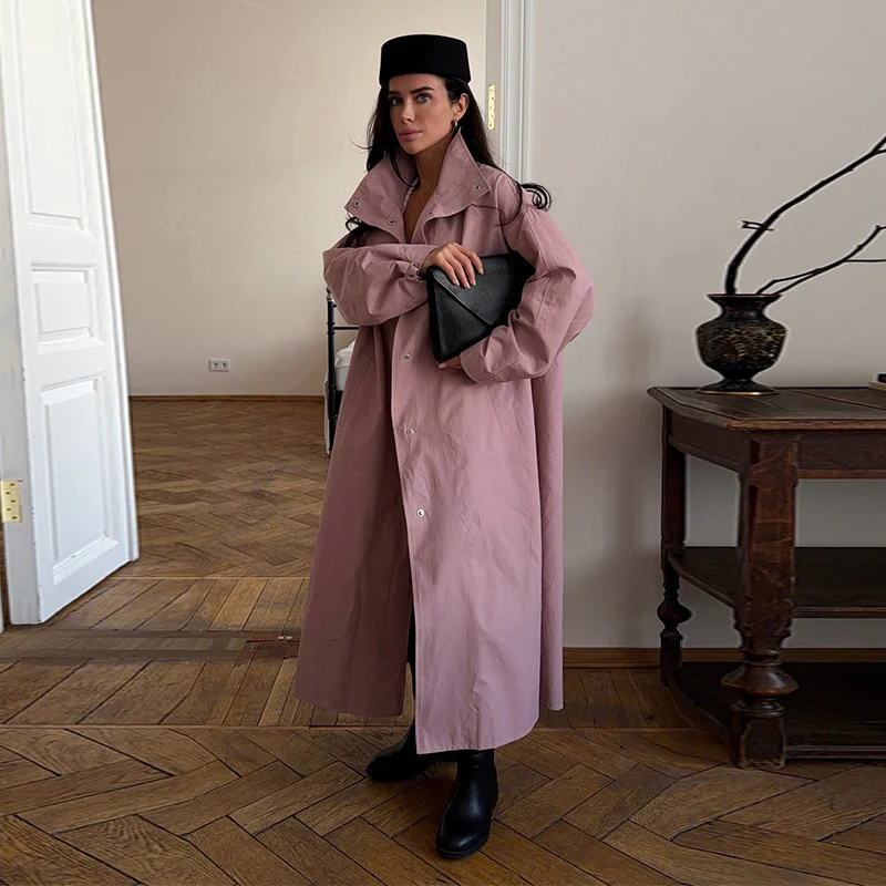 Damen Lange Jacken mit Stehkragen, Einreihige Oversize-Trenchcoats, Street-Style Damenmantel mit Langen Ärmeln, Einfarbig und Locker Geschnitten, Neue Oberbekleidung – Detail 17