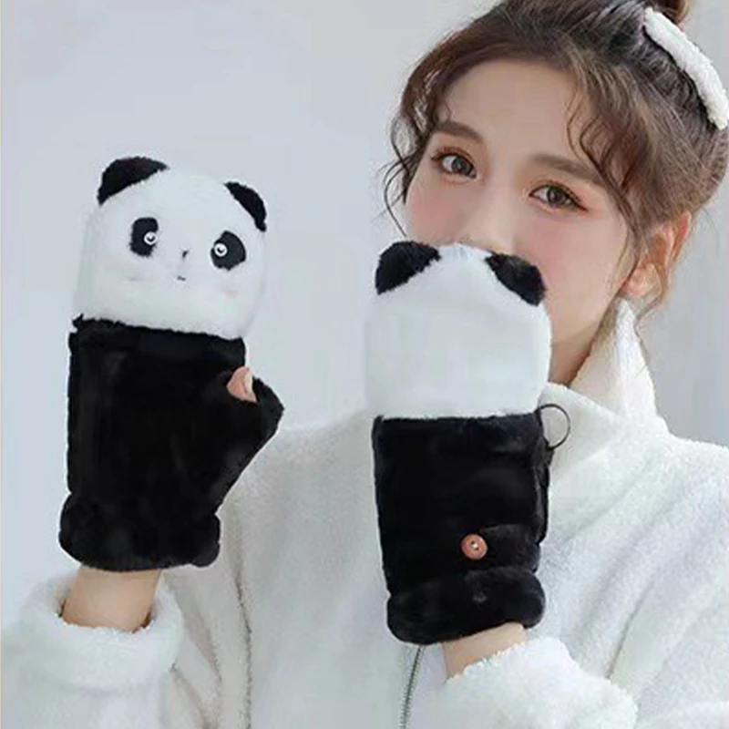 1 Pair Lovely Plush Panda Gloves Plush Mittens Warm Soft Plush Short Fingerless Fluffy Bear Gloves Costume Half Finger Gloves