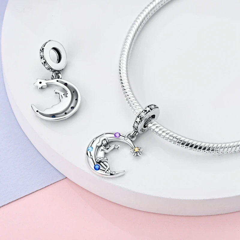 Fit Original Bracelet Silver Plated Cat Moon Shape Stars Love Charms Pendants For Women Jewelry Making Gift view 3