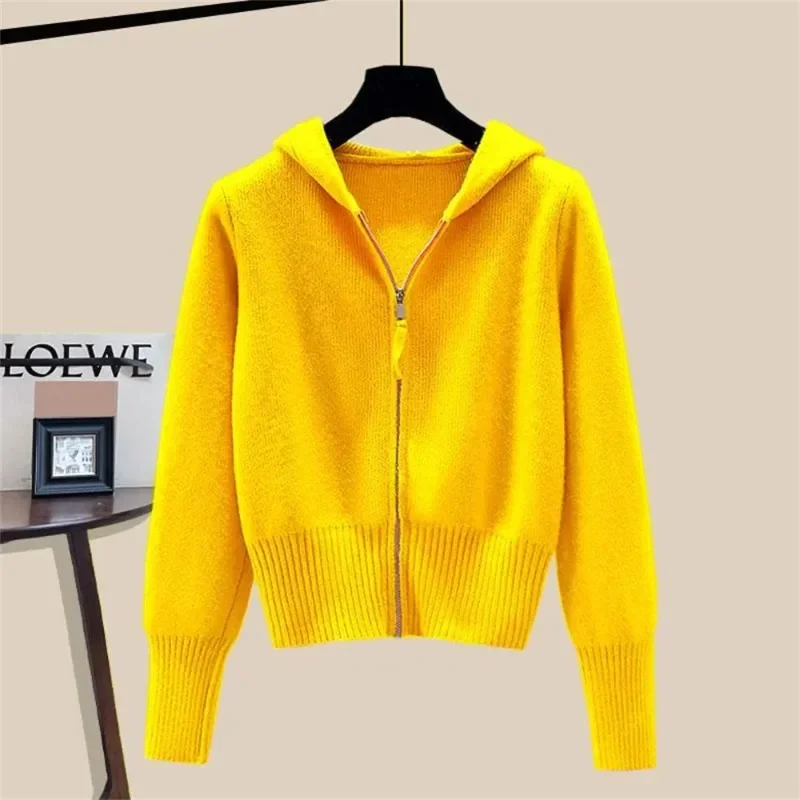 Herbst Winter Langarm Doppel Reiß Verschluss Weiche Strickjacke Mit Hut Design Top Spring Fashion Kapuze Pullover Jacke Frauen