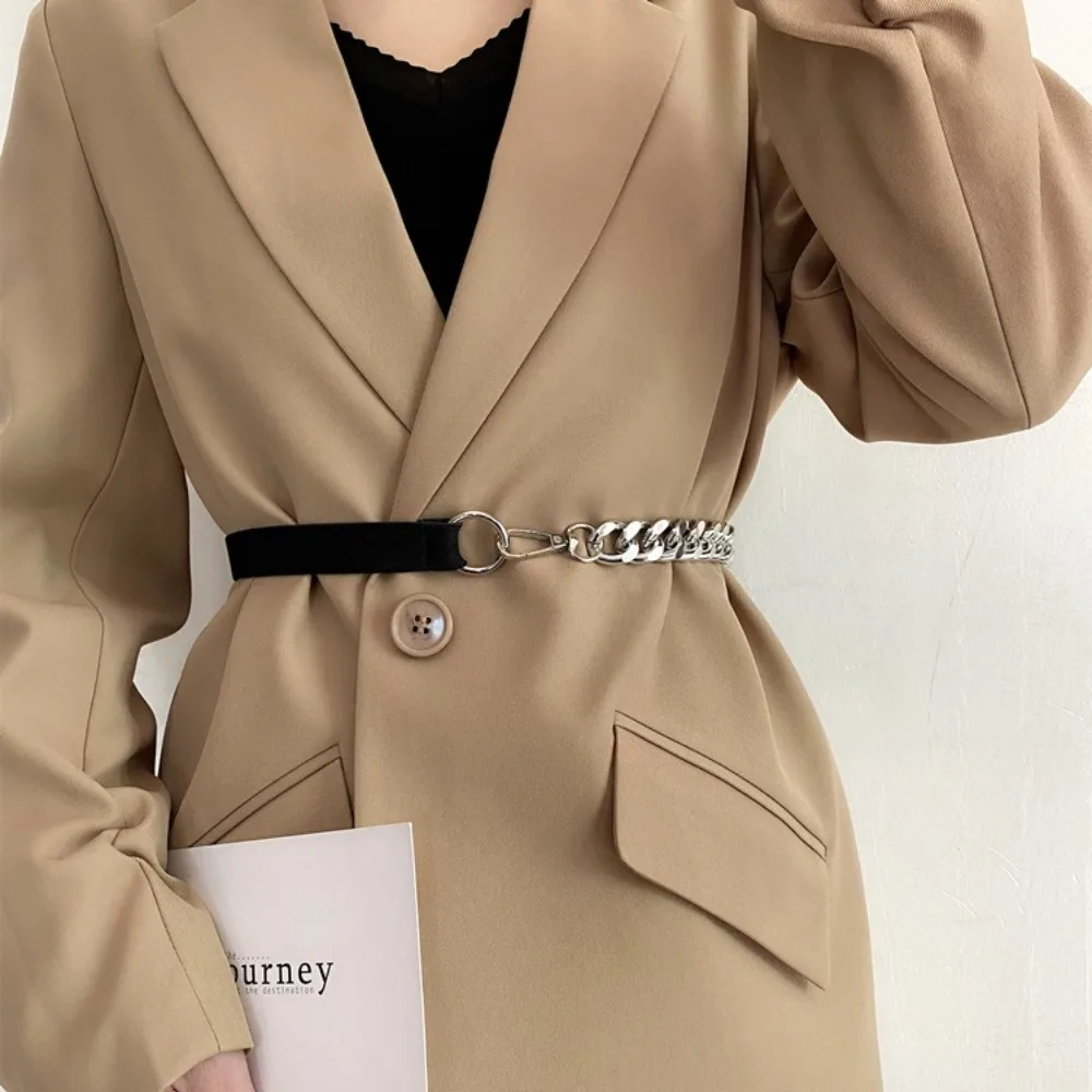 Vintage Luxury Design Elastic Waist Seal Versatile Thin Suit Coat Waist Chain with Metal Chain Shirt Waistband