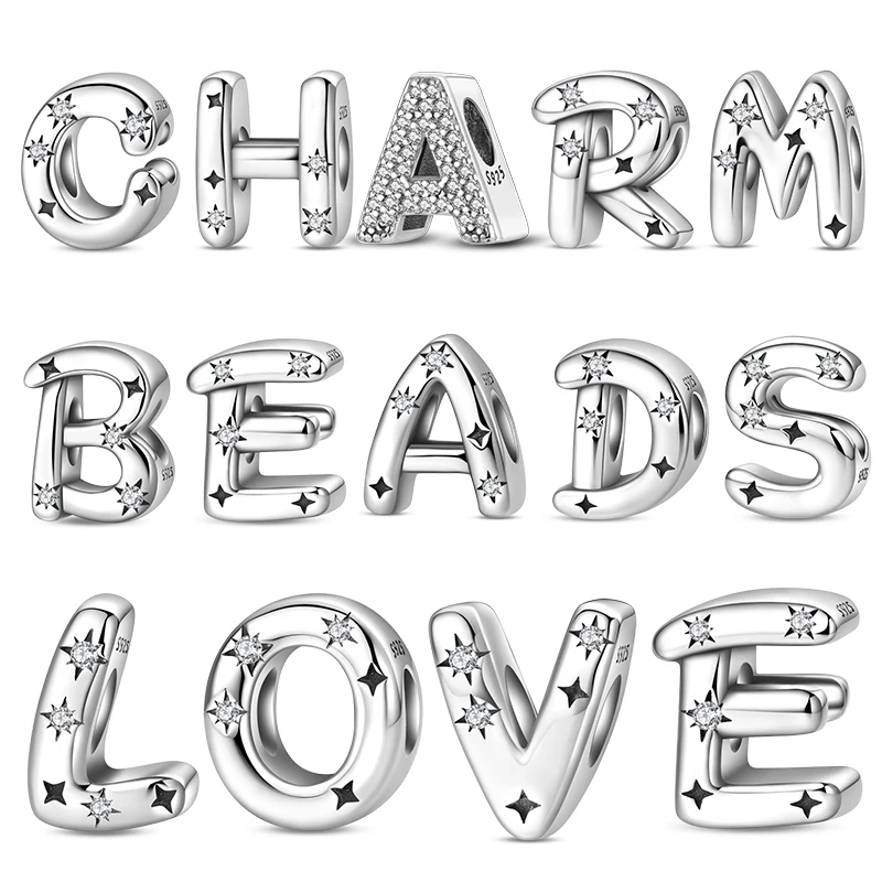 Original 925 Silver Charms 26 Letters Shining Like Stars Beads Fits 3mm Bracelet For Women DIY Pendants Luxury Jewelry Gifts Hot