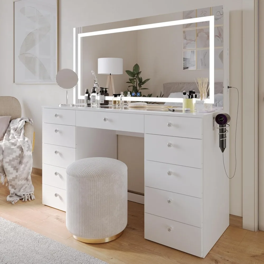 Glass Top Large Vanity Desk w/Bluetooth Speaker, Dimmable Leds,11 Drawers, Crystal Knobs, USB Type-C & Type-A Ports,Power Outlet