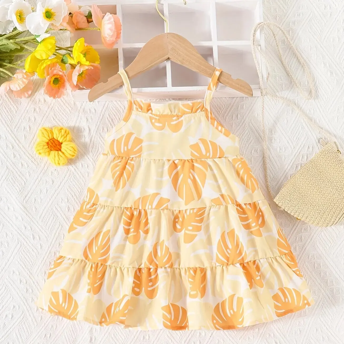 Summer Travel Holiday Dress Cute Baby Girl Beach Beach Holiday Dress Girl Halter Vest Leaf Pattern Cake Dress