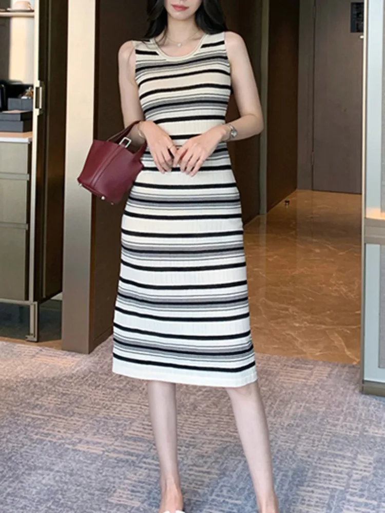 

Korean Sleeveless Chic Stripe Mid-length Tank Dress Summer Women Skinny A-line Elastic Knitted Inner Dresses Female Clothing