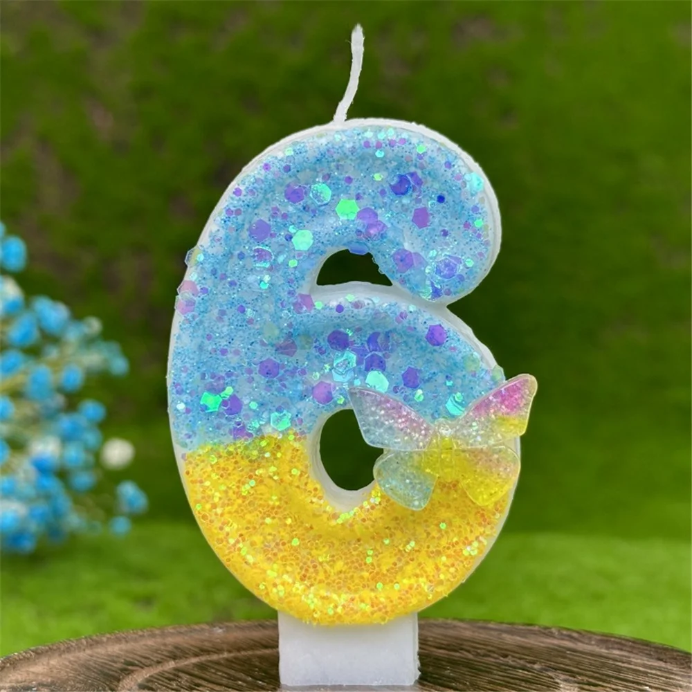 Birthday Digital Candle Colorful Butterfly Digital Candles Birthday Cake Decoration Party Creative Sequin Blue Yellow Candles