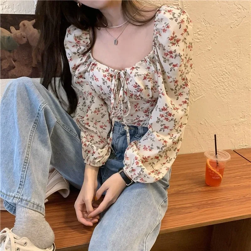 Blouses Women Floral Trendy Design Lovely Puff Sleeve Lace-up French Style Vintage Elegant Cozy All-match Leisure Femme Crop Top