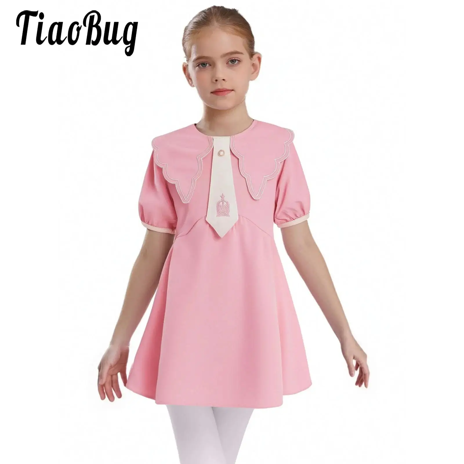

Kids Girls School Uniform Party Dress Summer Cute Turn-Down Collar Tie Short Sleeves Belted Dress for School Holiday Birthday