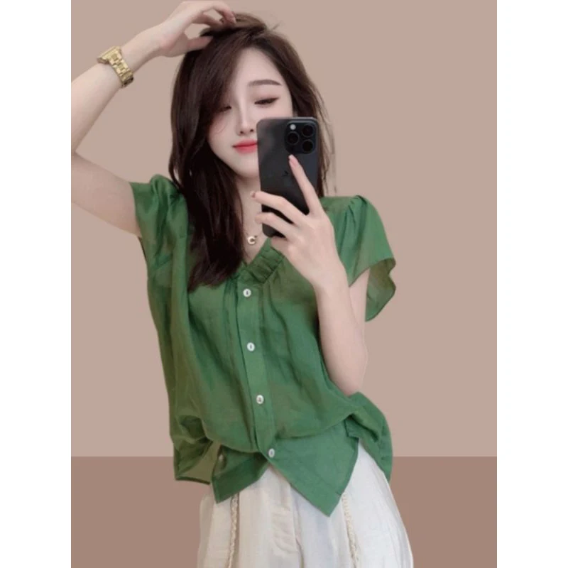 Women Summer Korean Fashion Loose Solid Color V-neck Short Sleeve Shirts Women Clothes Office Lady All-match Temperament Tops