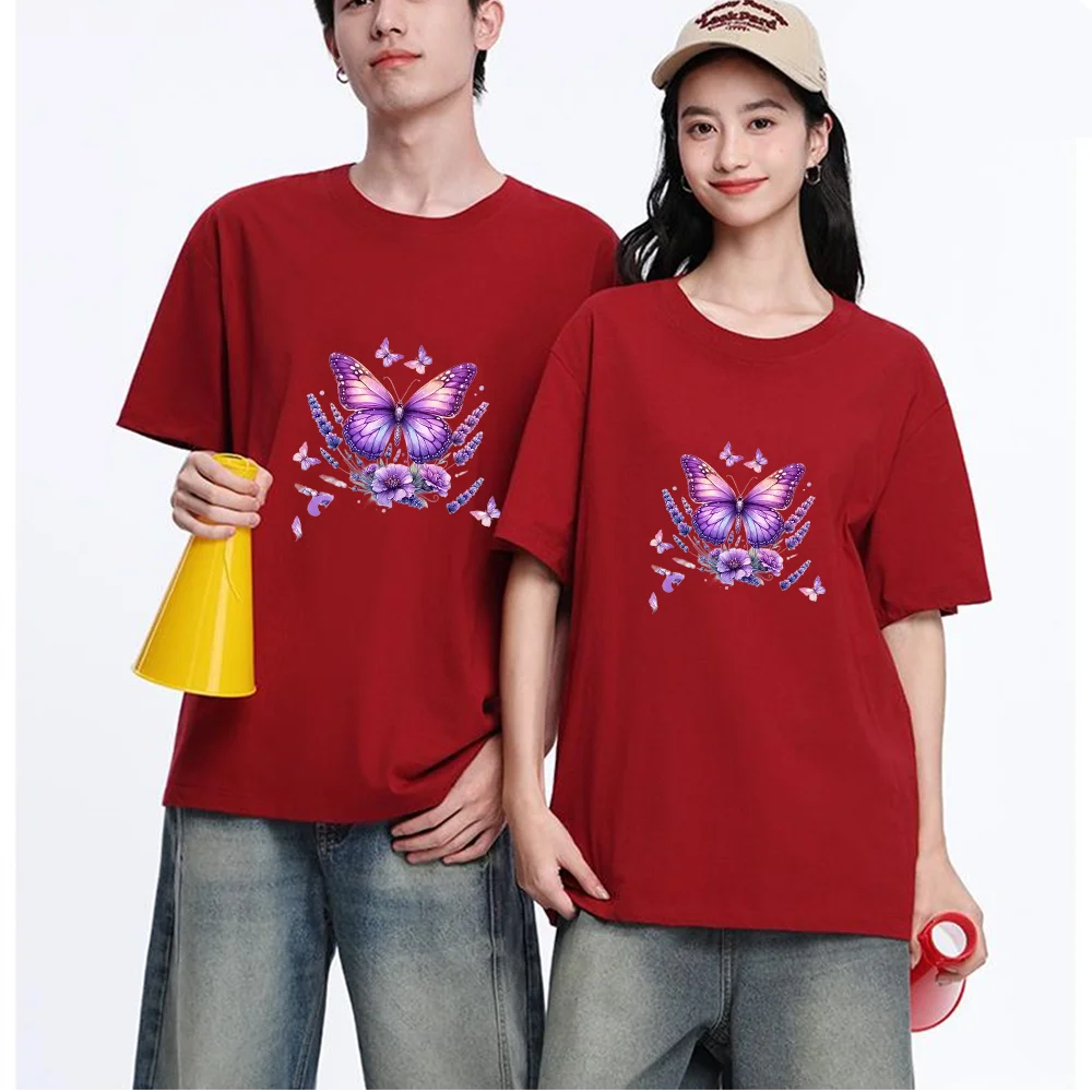 Purple Butterfly Lavender Flower Printed T Shirt Breathable Fabric S-XXL Personalized Custom Casual Short Sleeve Tee Aesthetic G