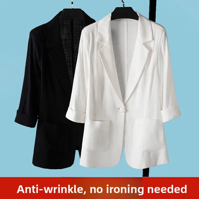 

Spring Summer Thin Women's Ice Silk Cotton Slim Fit Casual ort Sve Suit Jaet Large Size Commute Sle Pure Color