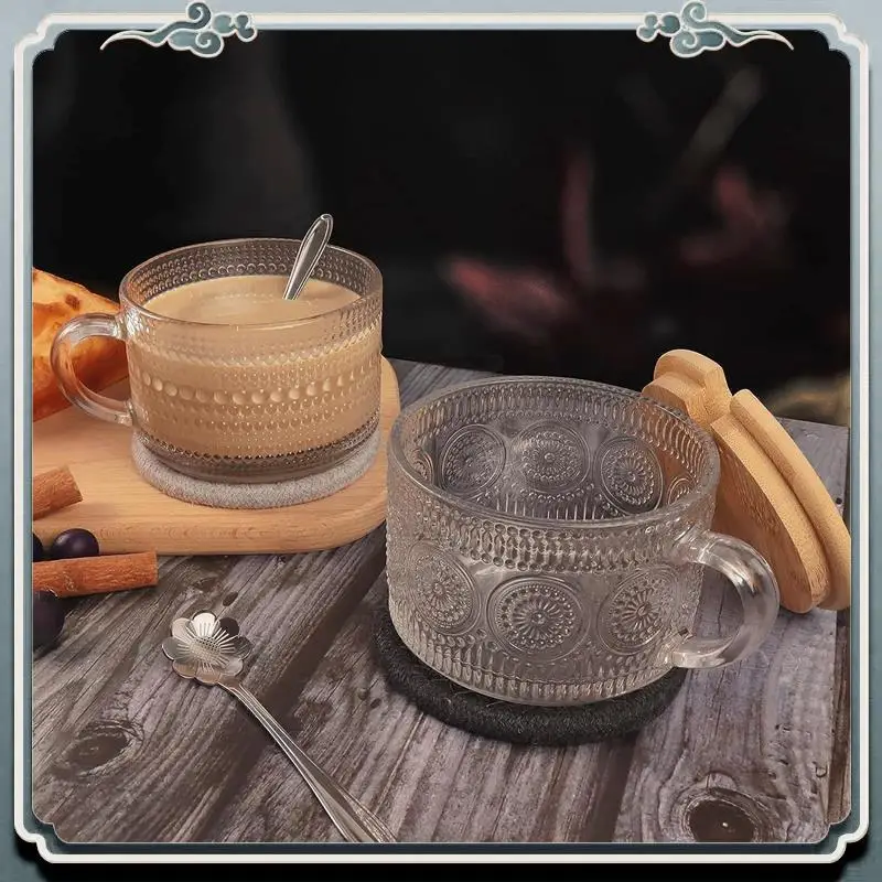 Durable Vintage Coffee Glass Mugs Set Of 2, Glass Coffee Tea Cups With Bamboo Lids, Coaster And Spoons,15Oz Clear Embossed Durab