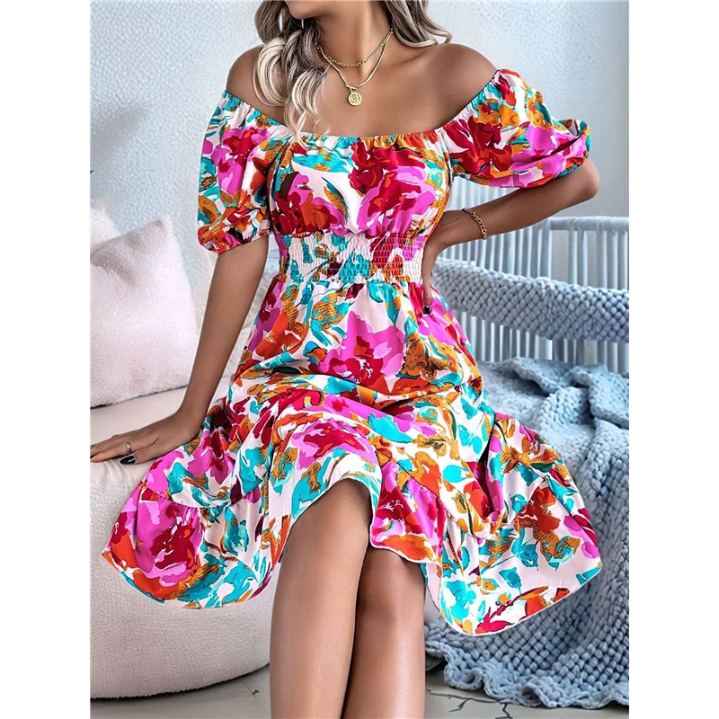 ASDS-ผู้หญิงชุดลําลองฤดูร้อน 2025 ฤดูใบไม้ผลิพัฟแขนสแควร์คอ A-Line Flowy Boho ดอกไม้ Smocked MIDI ชุด