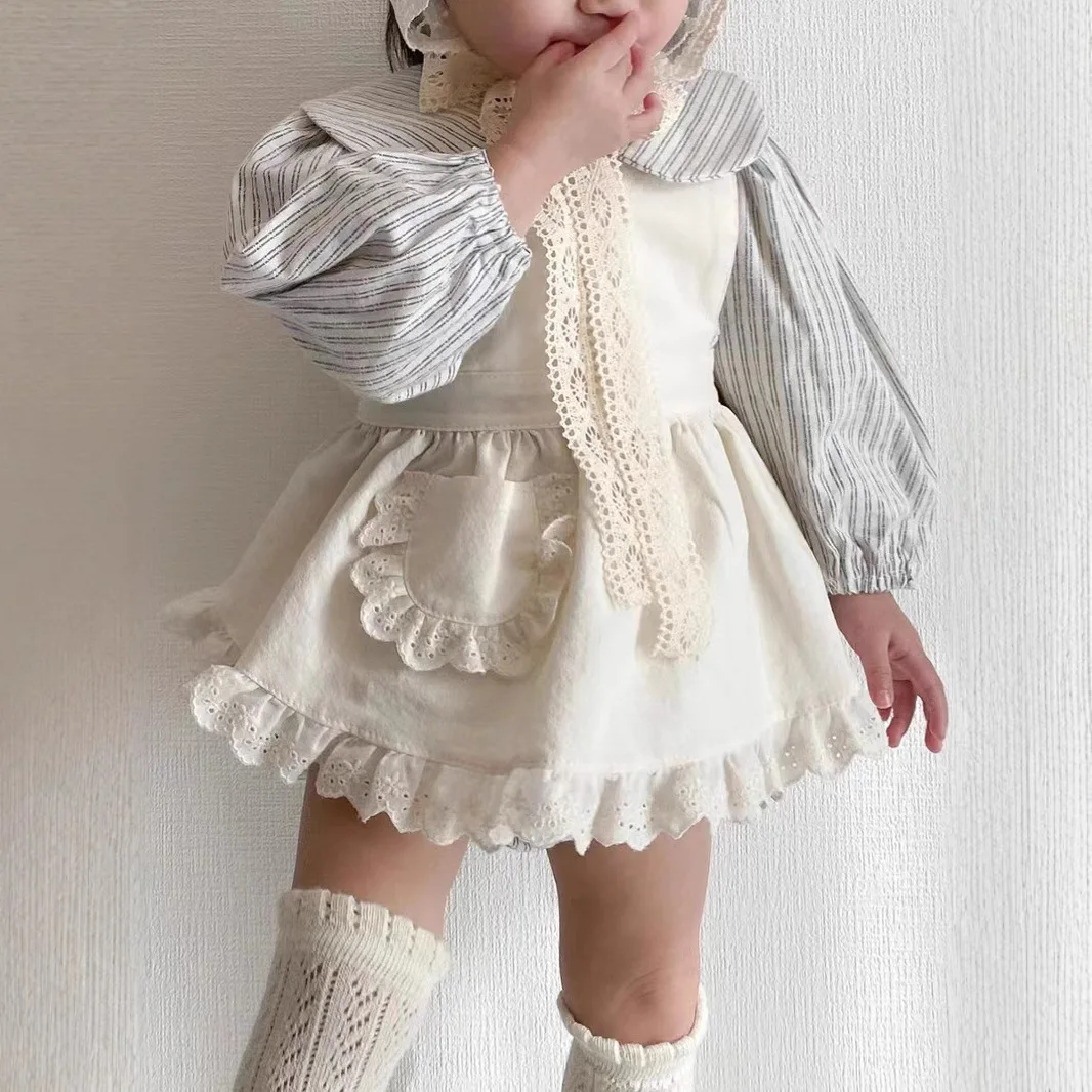 

Spring Autumn Baby Peter Pan Collar Rompers Set Girls Baby Striped Jumpsuit Climbing Clothes Suspender Dress Two Piece Set