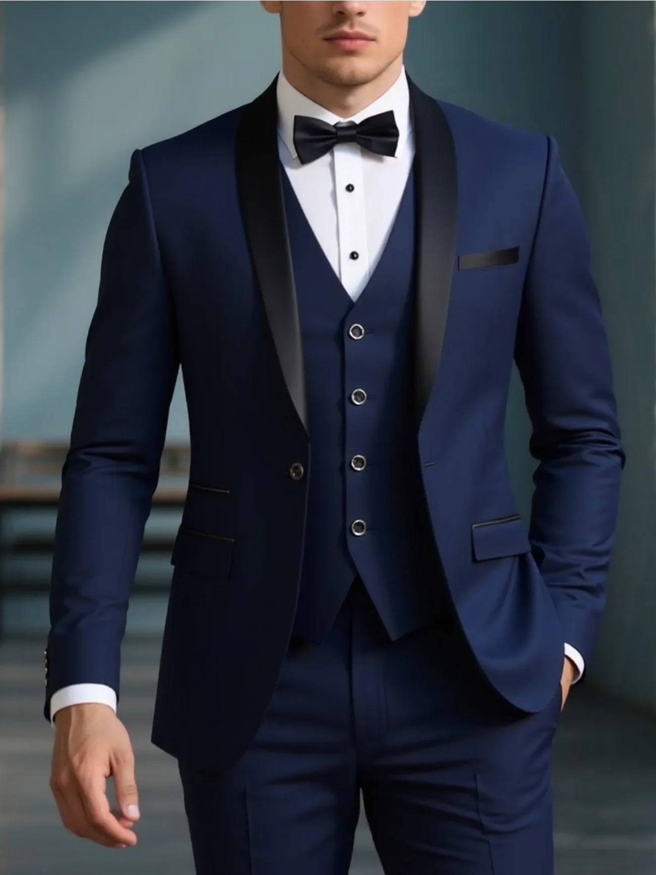 Men's 3pcs Shawl Lapel Suit Set Regular Fit Solid Blazer+Vest+Pants Black Navy Gray for Wedding Business