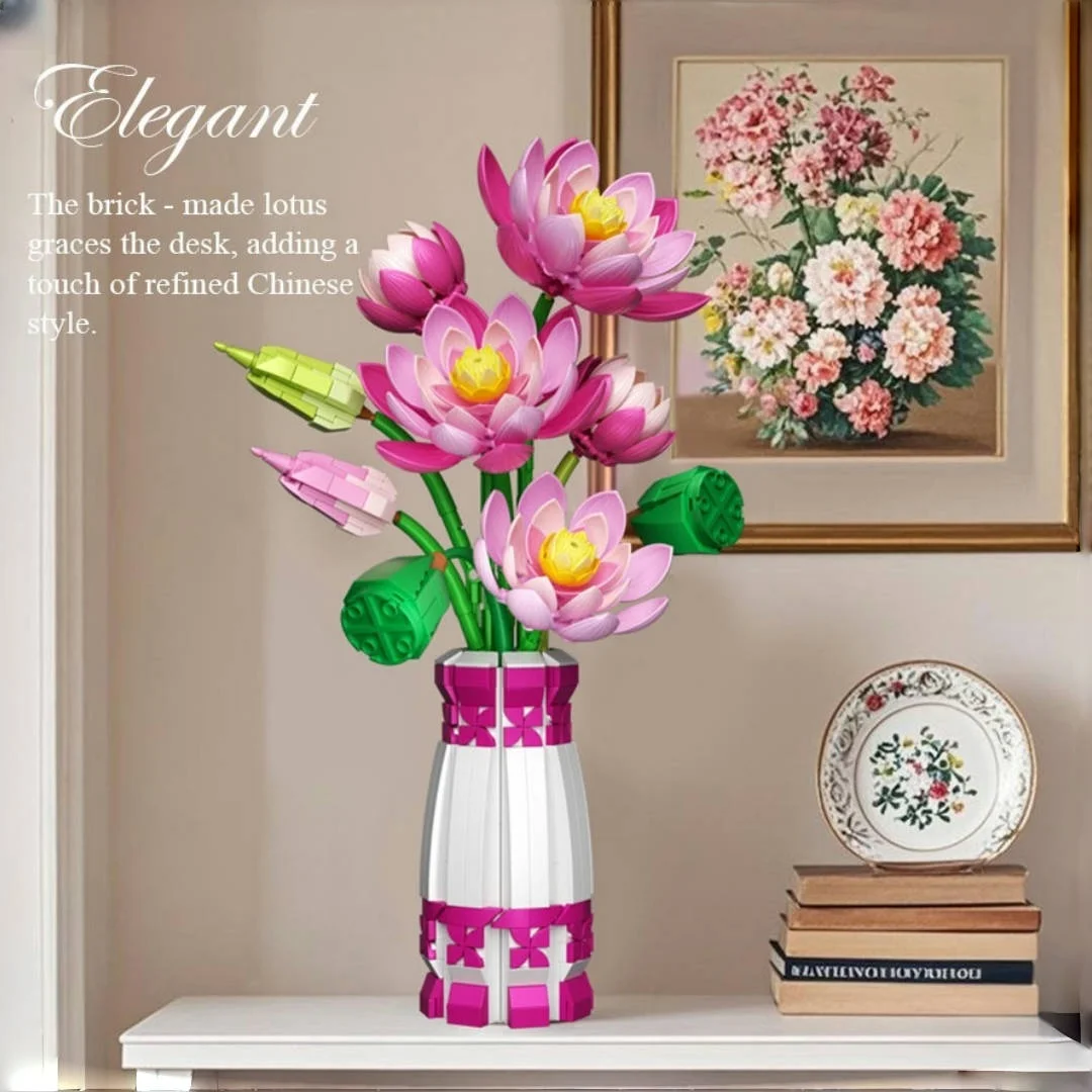 695+delige lotus bouwsteenornamenten met vazen |   Lotus-bouwsteenset in Chinese stijl |   Desktopdecoratie voor thuis |   Valentijnsdag/Halloween/Thanksgiving/Kerstcadeaus