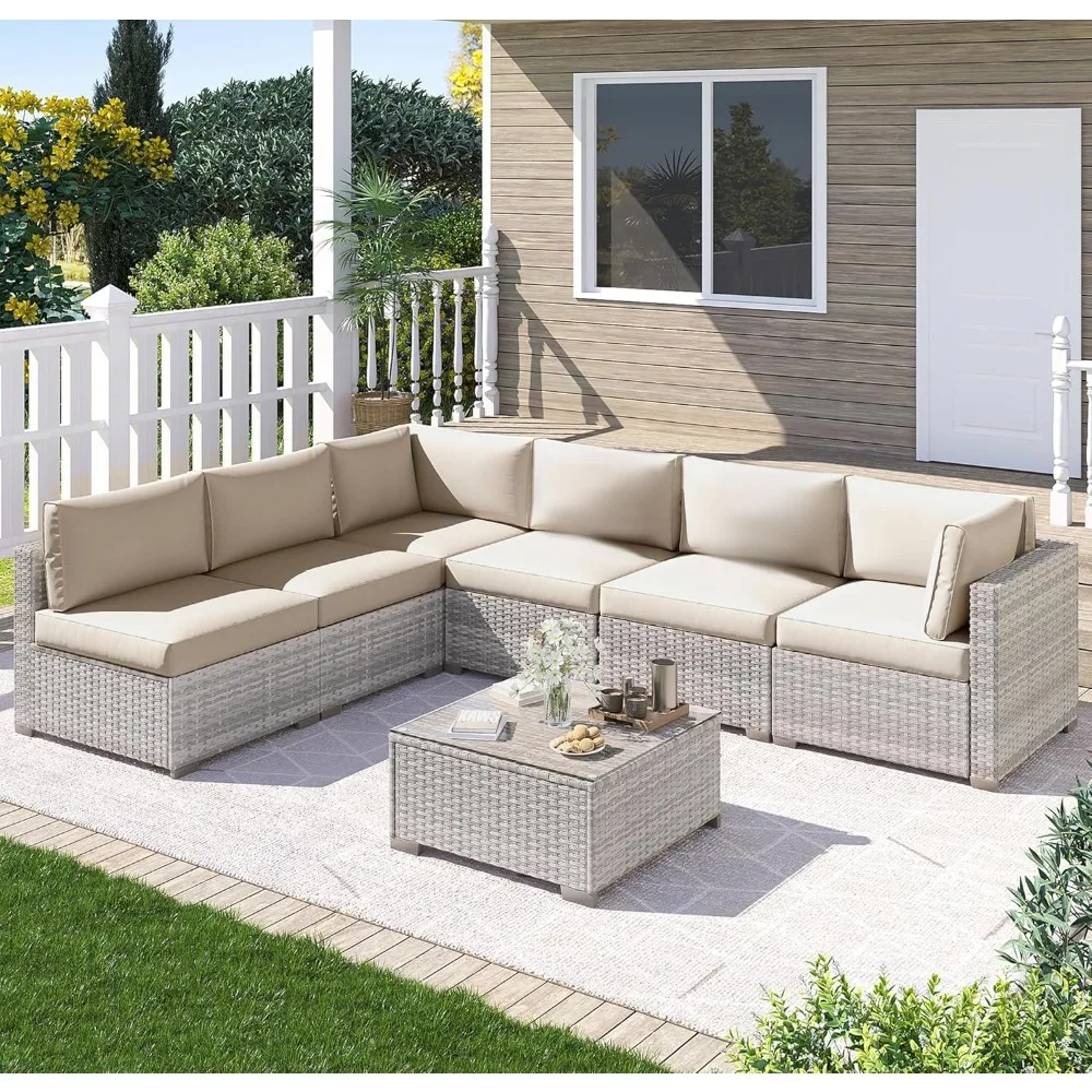 

7 Piece Outdoor Patio Furniture Set, Outdoor Sectional Furniture, Rattan Chairs Glass Table