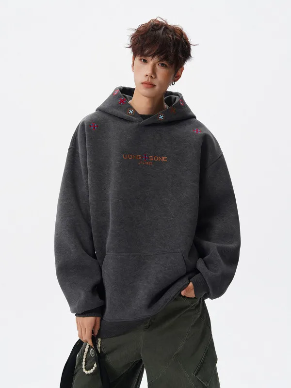 

American Ethnic Sle Embroidered Thiened Hoodie Men's Autumn Winter Fce Lined Trendy Brand Loose Sports Hat irt Jaet