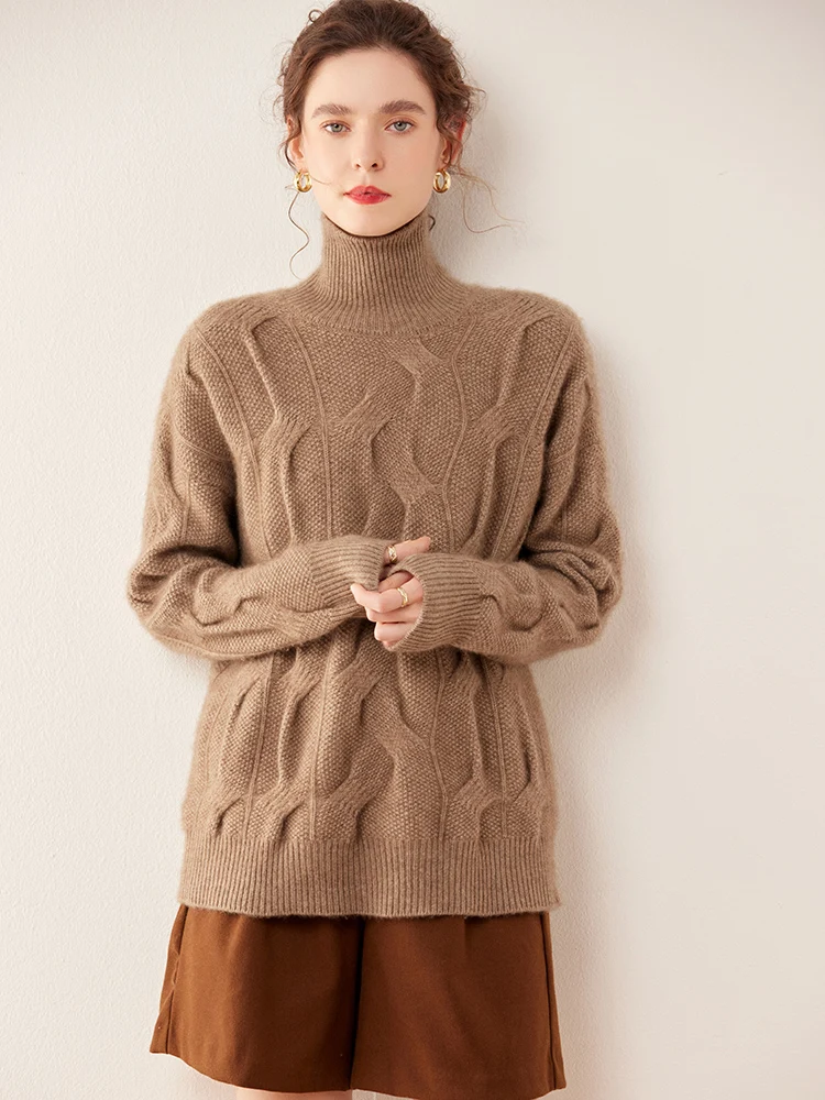 Winter 100% Cashmere Women Sweater Thick Soft Warm PulloverTurtleneck Twist Flower Jerseys Knitwear Female Casual Loose Jumpers