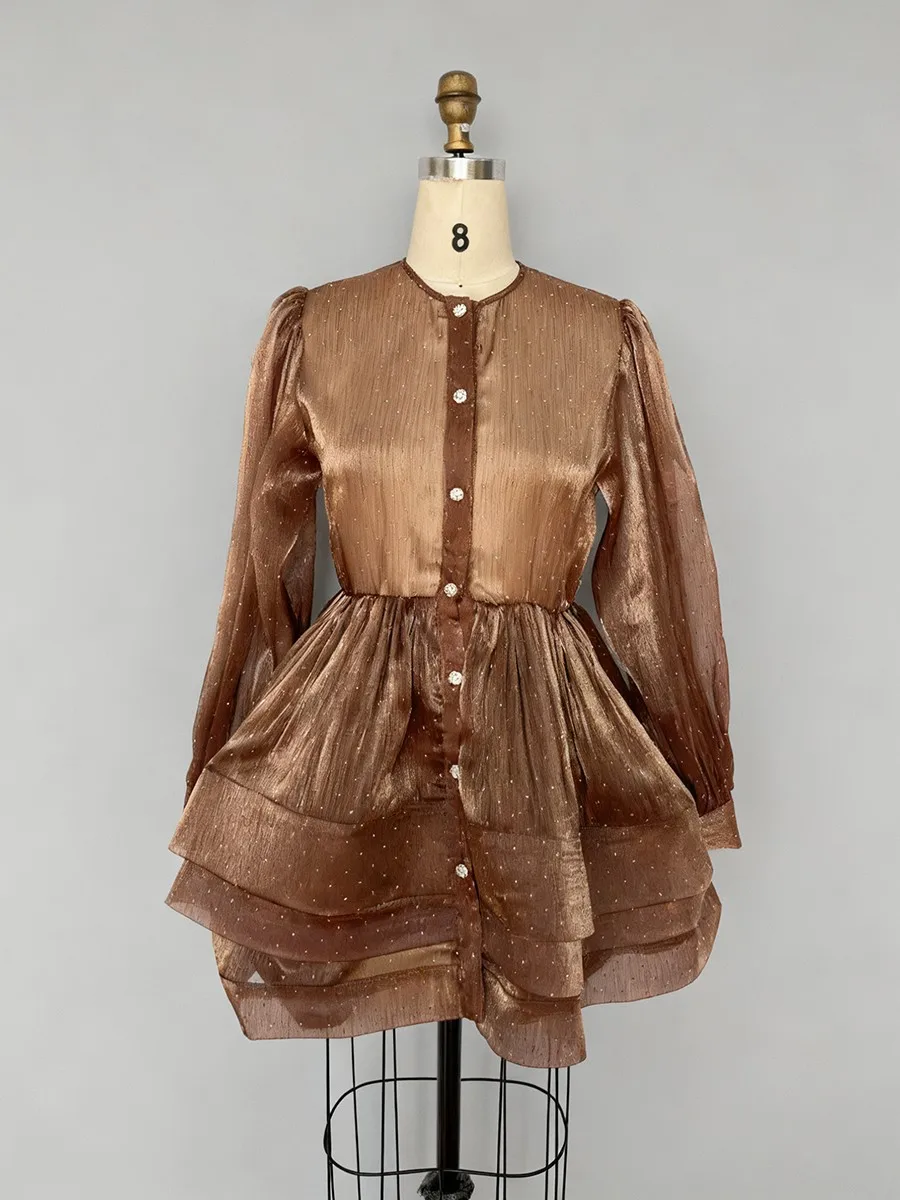 TWOTWINSTYLE الصلبة شير تقسم موجة نقطة فساتين الموضة للنساء س الرقبة طويلة الأكمام تونك المرقعة الكشكشة فستان الإناث #6