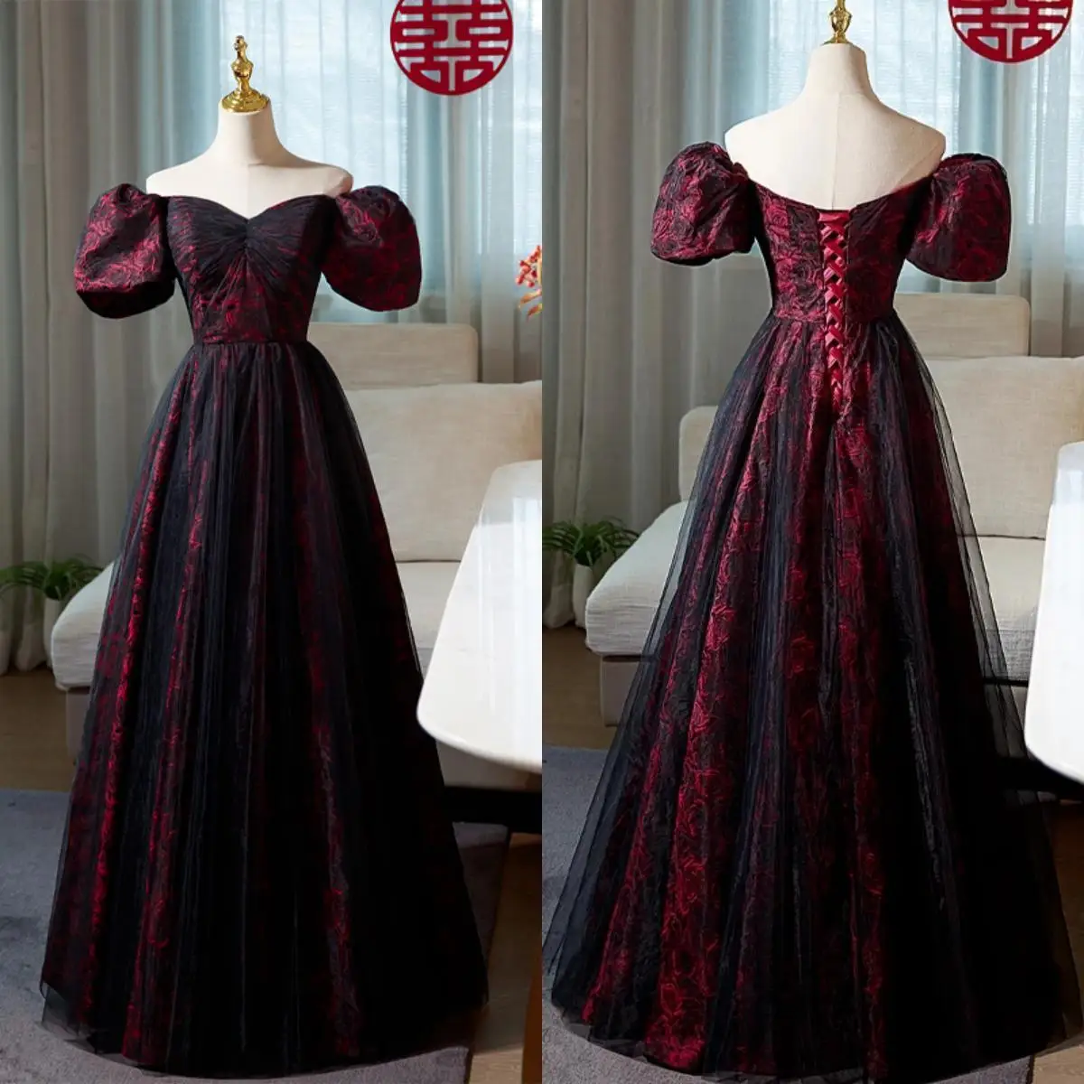 

Evening Dress Burgundy Satin Rose Pattern Black Tulle Strapless Short Puff Sleeves A-line Floor Length Plus Size Party Gowns