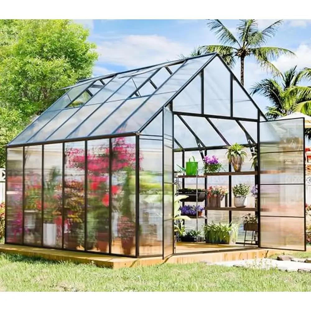 12x10 FT Heavy Duty Polycarbonate Greenhouse Kit with Windows and Door Backyard Garden Plant Growing Robust Aluminum Frame Easy