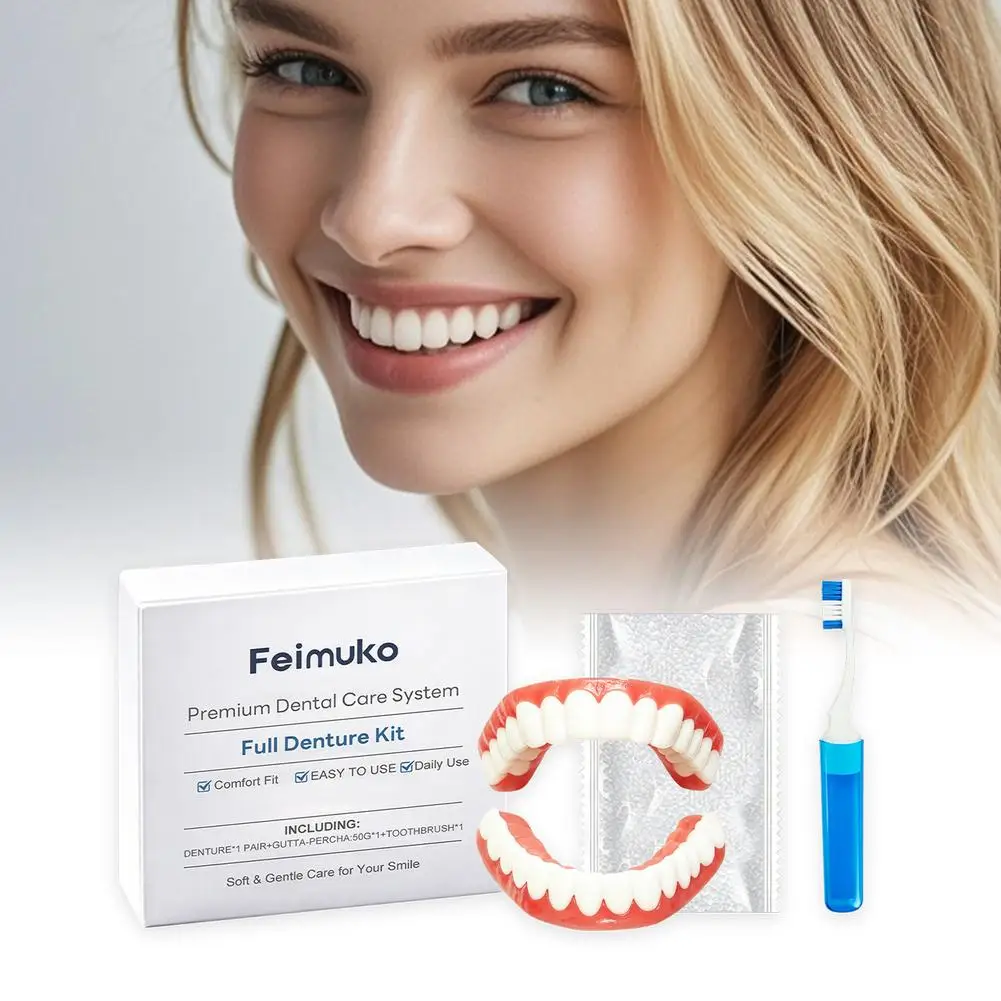 Full Denture Kit Temporary Cosmetic False Teeth Upper & Lower Veneers For Elderly person  Daily Decor Use Confident Smile
