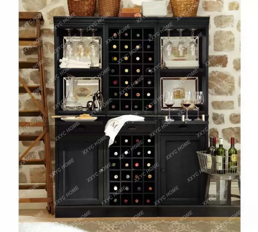 Solid wood wine cabinet combination retro two-door wine rack three-door side cabinet simple shelf living room
