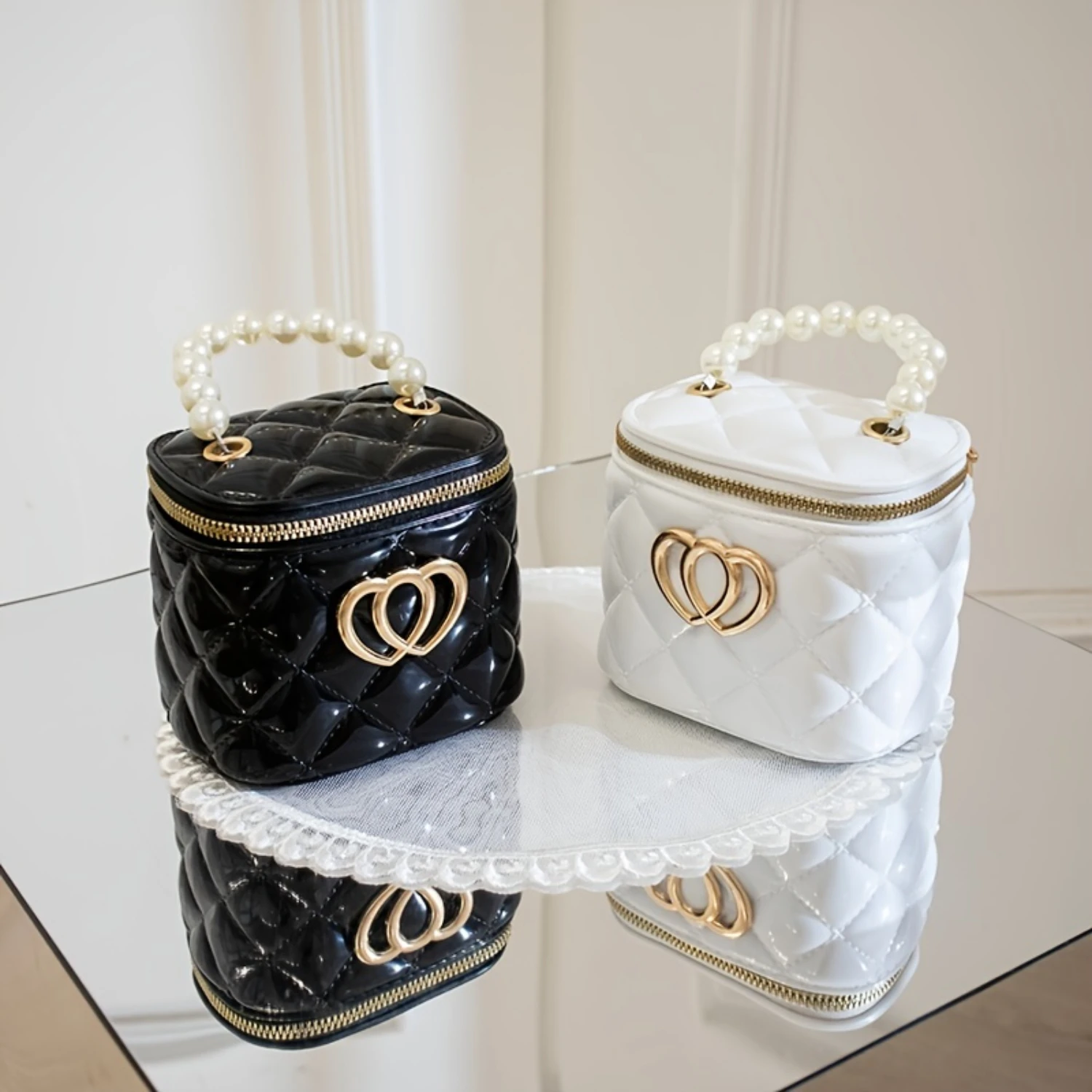 

Mini Heart Decor Satchel Bag, Beaded Handle Quilted Zipper Purse, Elegant Chain Bucket Shoulder Bag For Valentine's Day