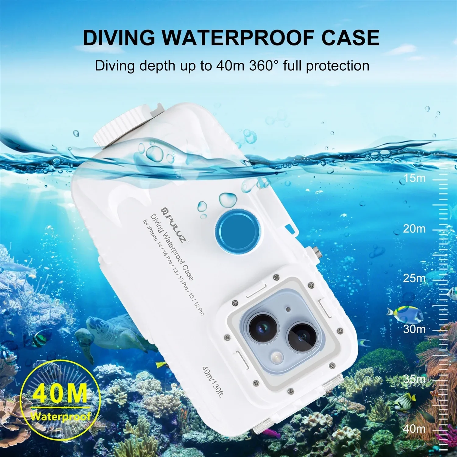 PULUZ 40m/130ft Waterproof Diving Case for iPhone 13 14 15Pro max with One-way Valve Photo Video Taking Underwater Housing Cover