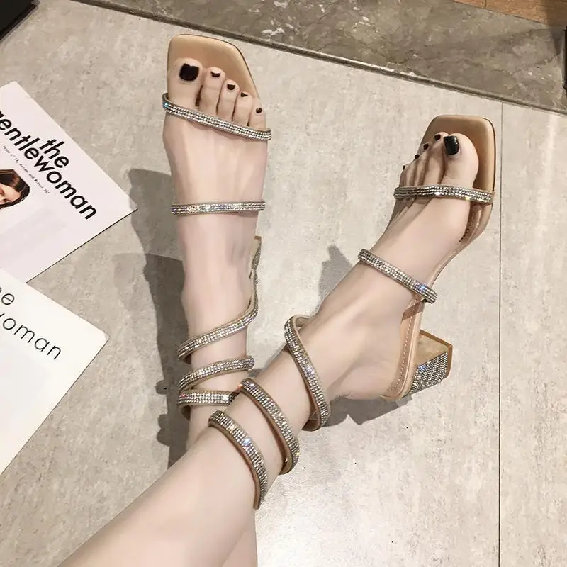 2024 New Sandals Female All-match Korean Version of Fashion Rhinestone Thick Heel Snake Wrapped Roman Shoes