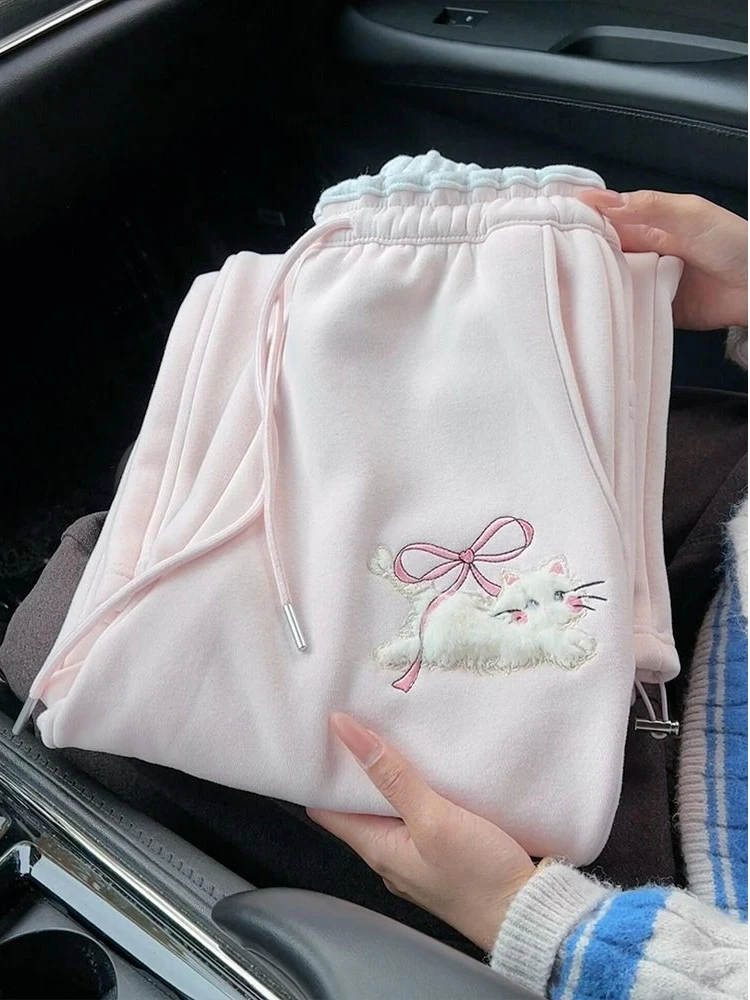 

Adorable Embroidered Fleece Lined Winter Pants Women's High Waist Wide Leg Trousers with Bow Tie Casual Sweet Pink Long Pants