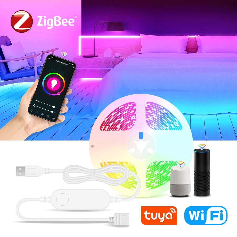 USB Tuya Wifi Zigbee LED Strip Lights 5050 RGB W/WW LED Flexible Ribbon For Room Decoration Diode Tape Works With Alexa Google