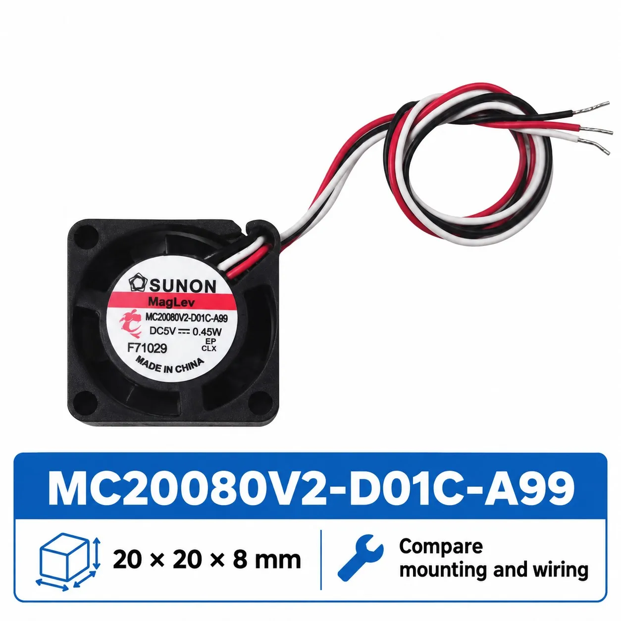 MC20080V2-D01C-A99 Cooling Fan 20x20x8mm 2008 5V 0.45W 12000RPM 2-Pack for SUNON
