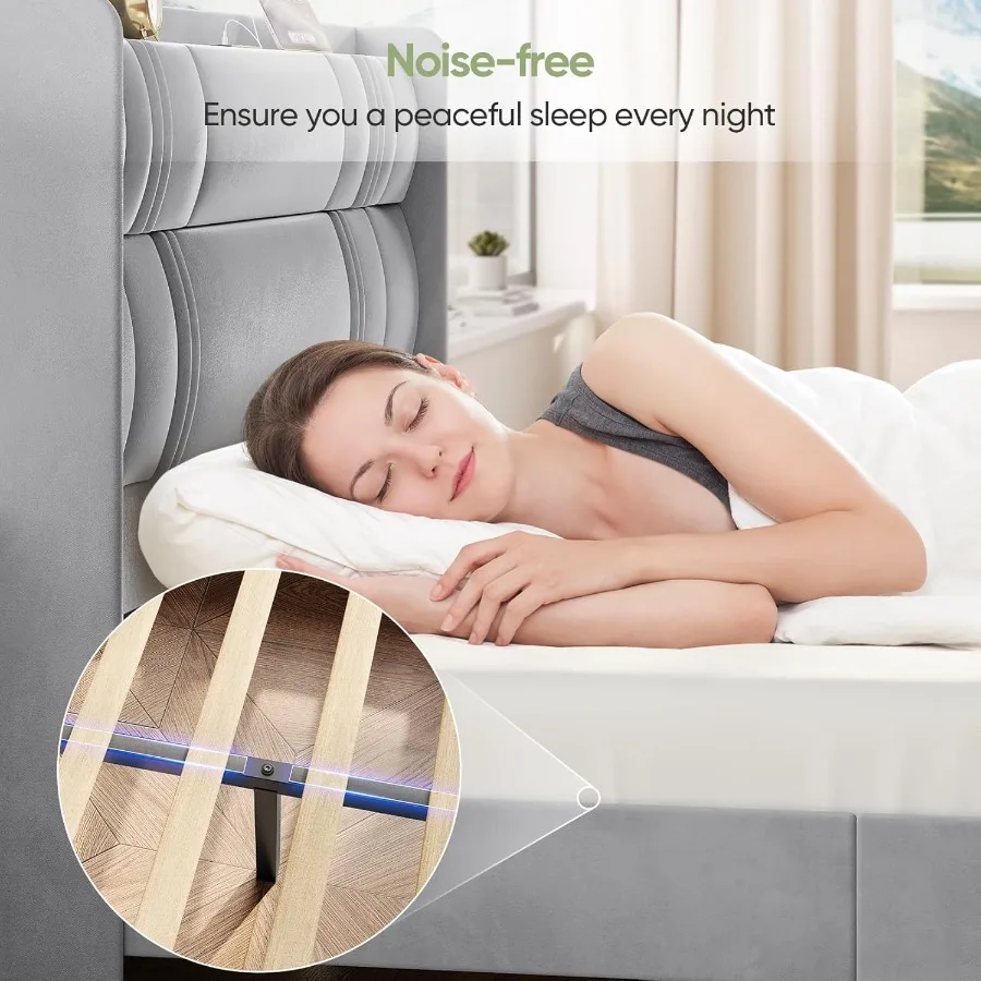 إطار سرير كوين مع لوح رأسي طويل 52 إطار سرير بمنصة منجدة مع محطة شحن إطارات سرير مخملية فاخرة منحنية #6