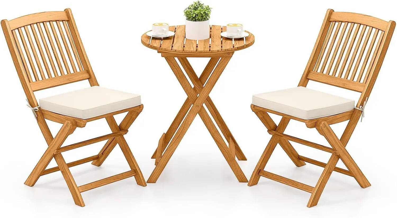 Patio Folding Bistro Set, Three Piece Acacia Wood Outdoor Dining Table And Chairs With Padded Cushions, Compact Space Saving Furniture Set For Backyard Balcony Garden Porch Deck, Natural, Set Of Three