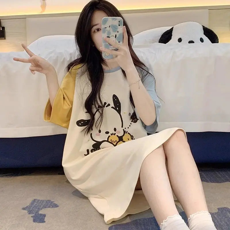 Pochacco Nightgown Anime Cartoon Kawaii Sanrio Short-Sleeved Long Skirt Pajamas Loose Comfortable Girls Home Wear