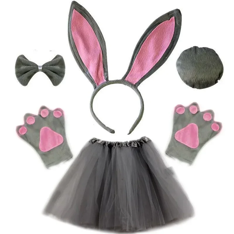 Women Girls Plush Animal Easter Bunny Ear Headband Tail Bow Skirt Birthday Party Baby Shower Halloween Rabbit Cosplay Costume