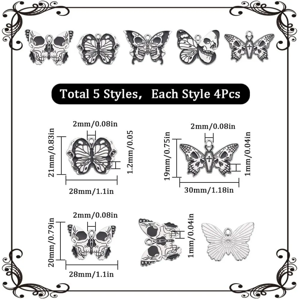 1 Box 20Pcs 5 Styles Butterfly Charms Bulk Gothic Skull Charms Moth Skeleton Charm Enamel Black White Cross Halloween