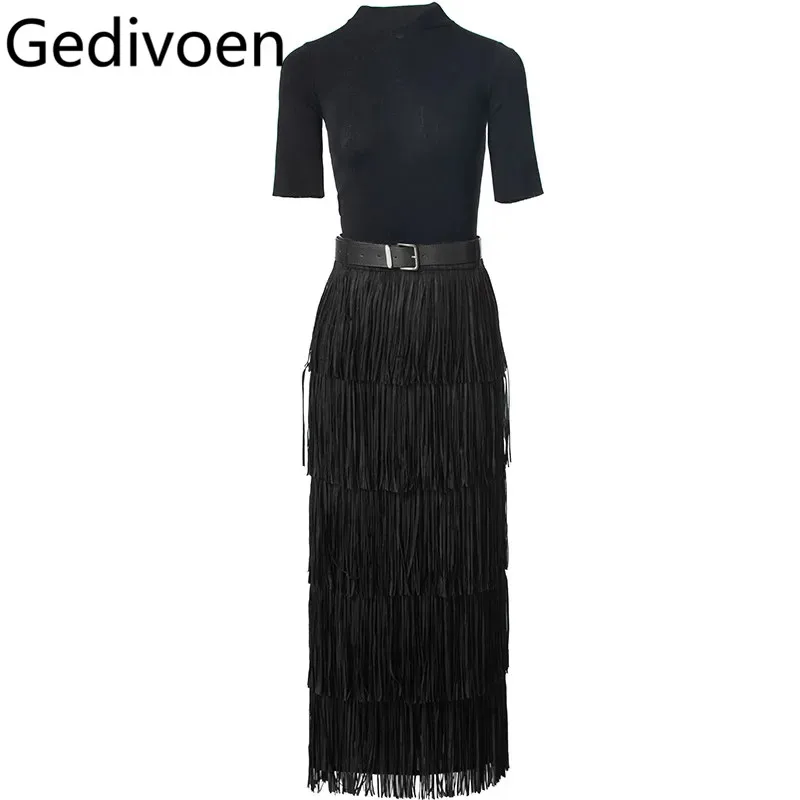 Gedivoen Autumn and Winter Women's Suit Short-Sleeved Slim Tops+Fashion Tassel With Belt Skirt Black Basic Two piece set