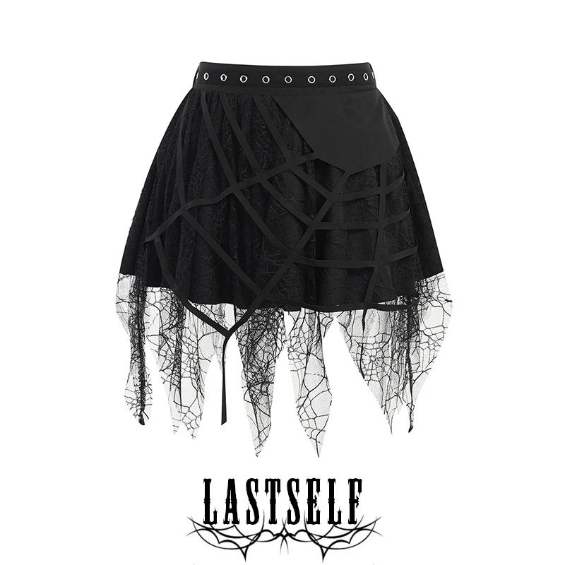 Saia Curta de loween Lastself Spider Girl com Renda e Patchwork Estilo Gótico Personalidade Cintura Alta  Saia em Fibr...