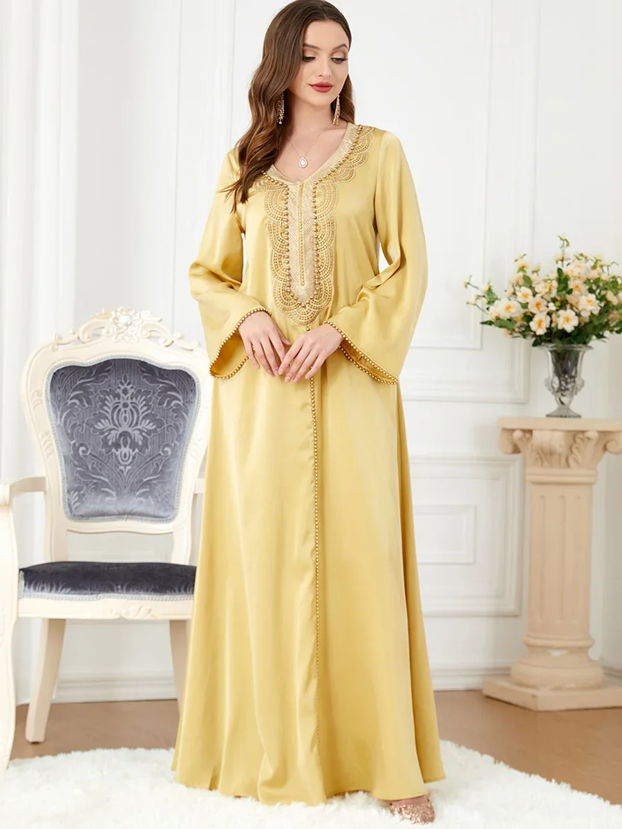 Eid Ramadan Muslim Women Dress Beading Dubai Morocco Party Dresses Arabic Kaftan Vestidos V-neck Elegant Maxi Prayer Abayas 2024