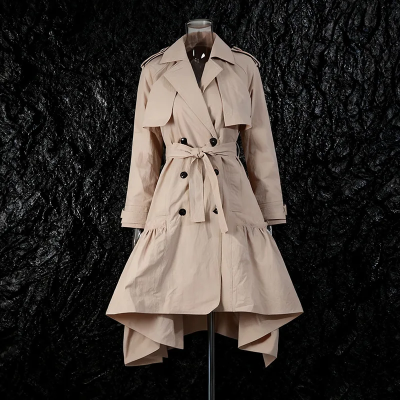 

Модный плащ в английском стиле SuperAen для женщин, осень 202, новое модное пальто с рюшами и асимметричным дизайном на шнуровке