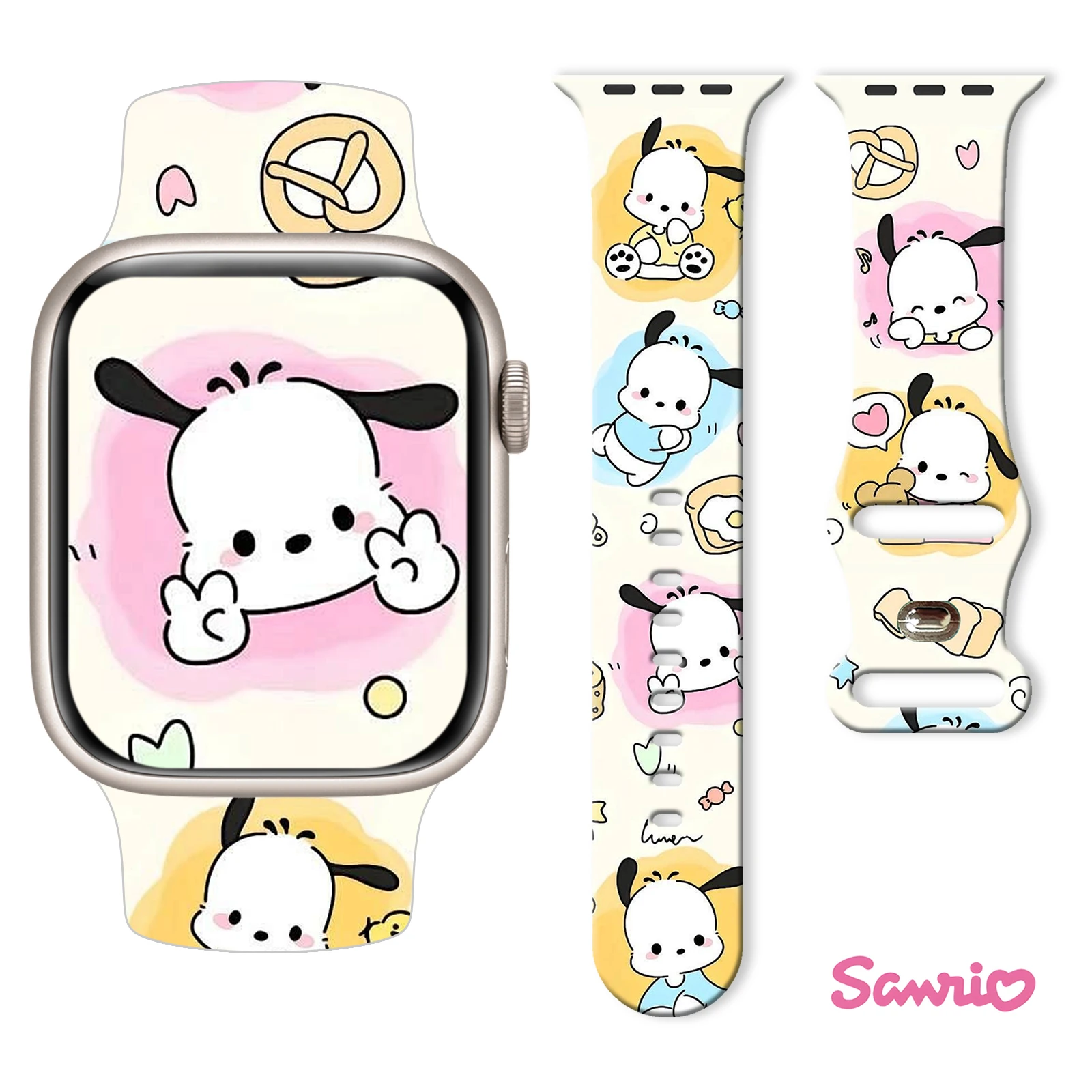 

Pochacco Series Printed Strap for Apple Watch 11 10 9 8 7 SE Silicone Band Replaceable Watchband for iWatch 46mm 42mm 41mm 40mm